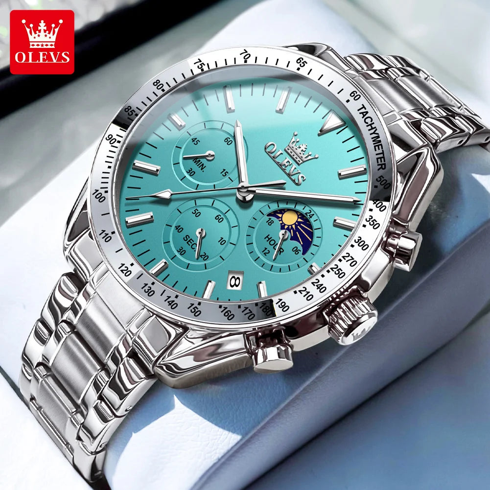 OLEVS 3618 Quartz Watch For Men Original Chronograph Moon Phase 24 Hours Display Hand Clock Stainless Steel Top Brand Man Watch