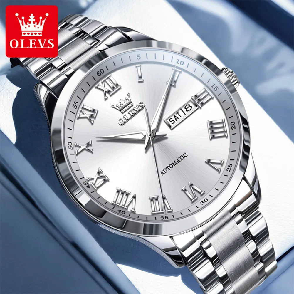 OLEVS 7075 Uhren für Herren Luxus Original Mechanische Uhr für Herren Wochenkalender Wasserdicht Automatische Armbanduhr Edelstahlarmband