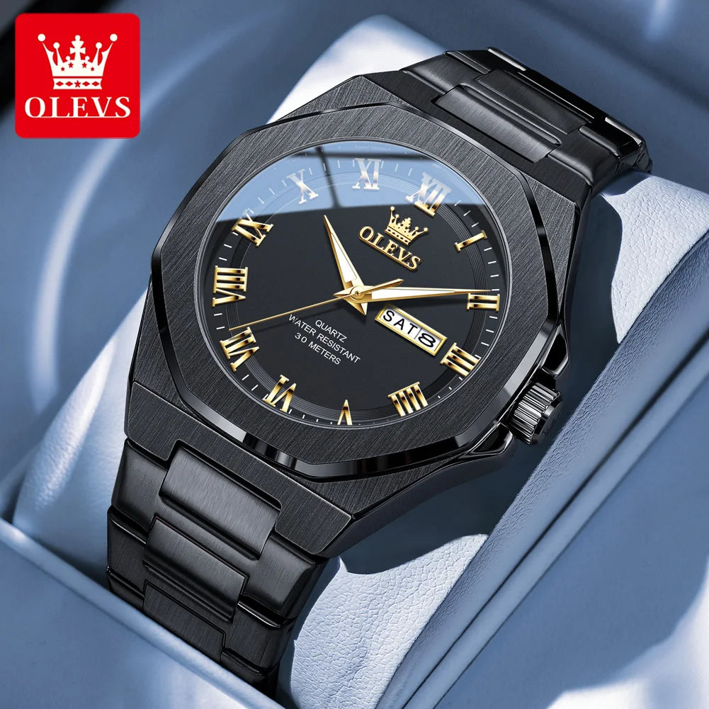 OLEVS 3727 Herrenuhren Wasserdicht Leuchtend Wochentag Datum Quarzuhr Edelstahl Luxusuhren für Männer Hochwertige Uhr