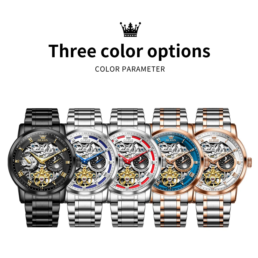 OLEVS Herrenuhr Original Luxusmarke Skelett Mechanische Armbanduhr Mondphase Wasserdicht Business Herrenuhr 6670