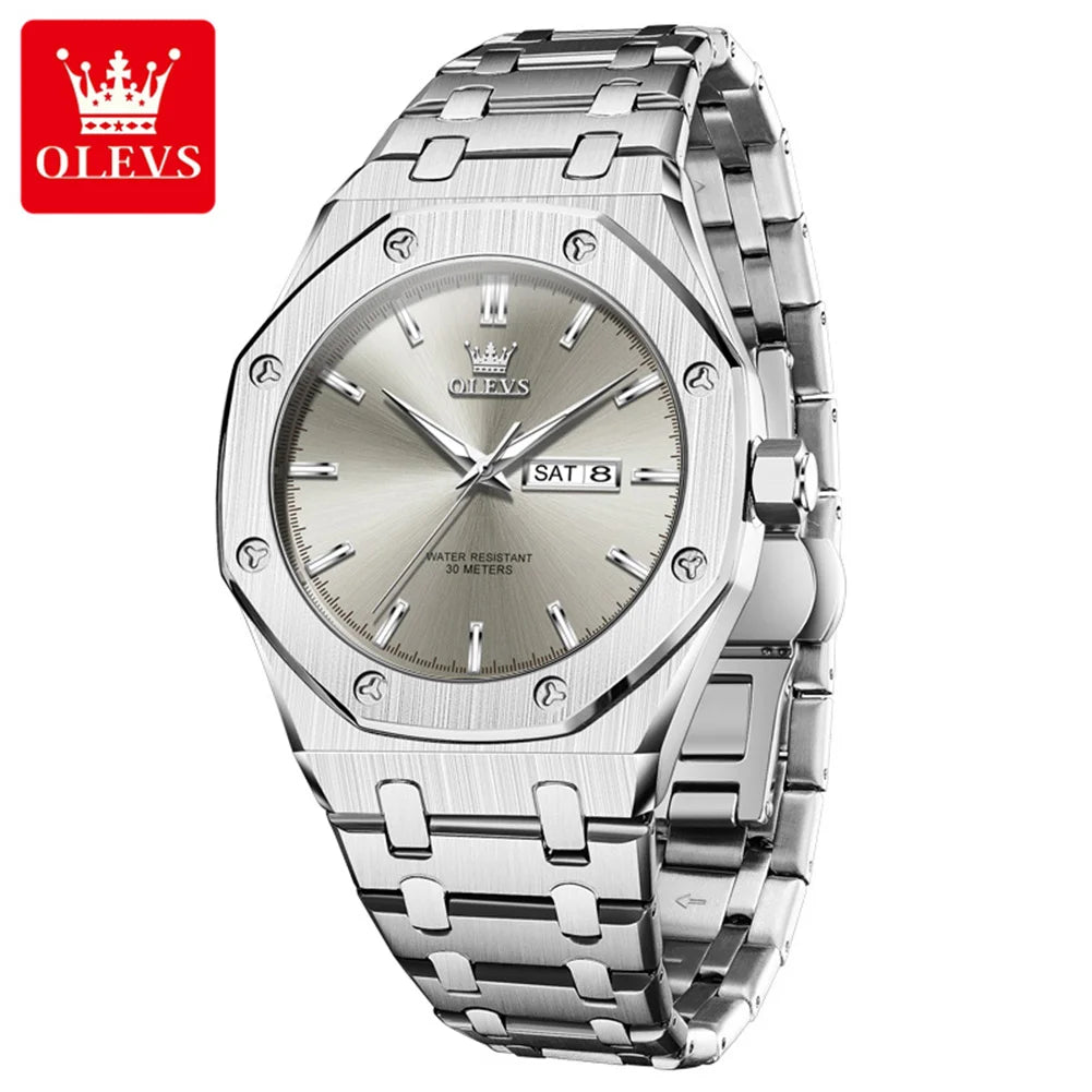 OLEVS 3726 Herrenuhr Chronograph Datum Wochentag Quarzuhren für Herren Edelstahl Luxus-Armbanduhr Wasserdicht Leuchtend Reloj
