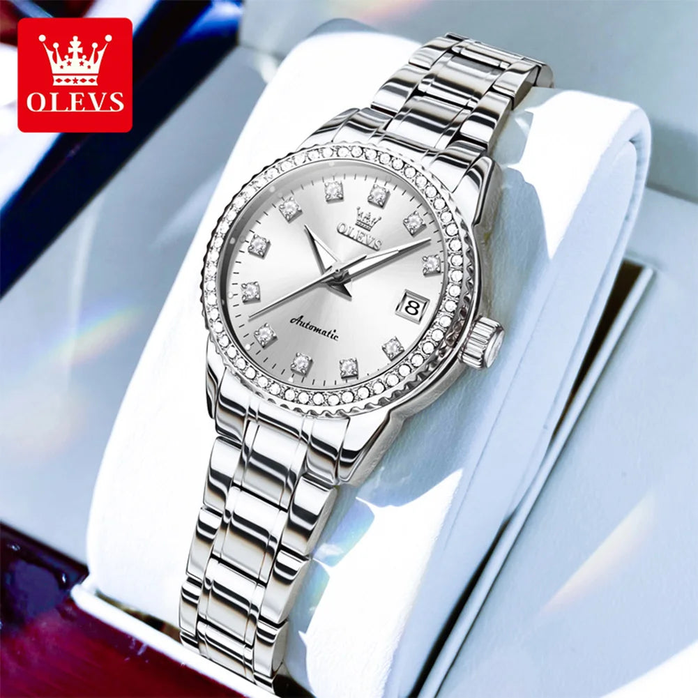 OLEVS 7003 Damen Automatikuhr Diamant-Skala Mechanische Uhr für Damen Stahlarmband Luxus Datum Damenuhr Wasserdicht