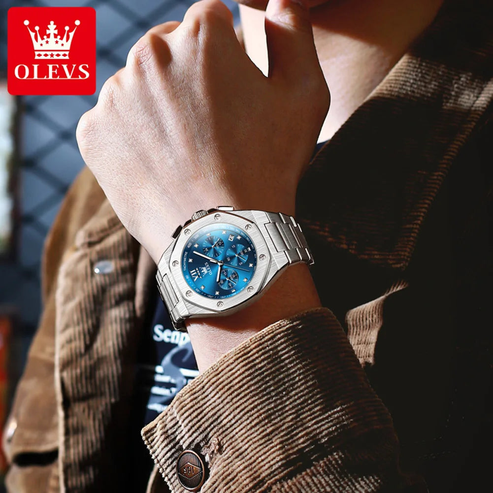 OLEVS 3626 Men's Watch Fashion Chronograph Quartz Watch For Men Auto Date Stainless Steel Luxury Hand Clock Waterproof Luminous