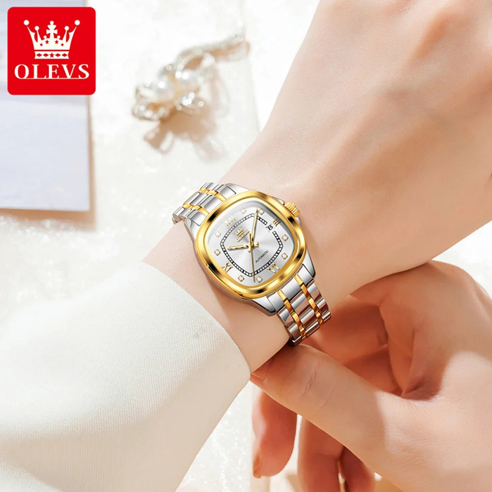 OLEVS 9810 Damen Armbanduhr Top Marke Business Datum Mechanische Uhr für Frauen Diamant Skala Luxus Original Wasserdicht Handuhr