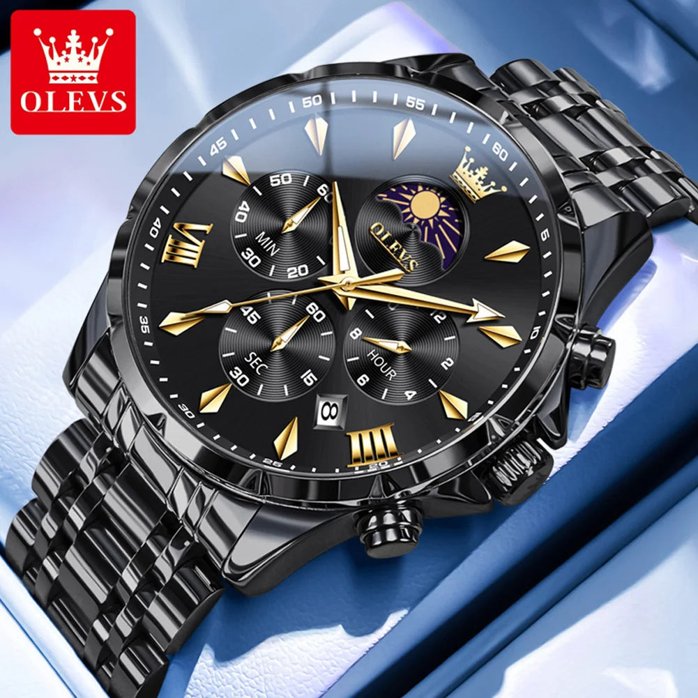OLEVS 3653 Watch For Men Original Chronograph Quartz Male Hand Clock Steel Strap Moon Phase Date Waterproof Top Brand Man Watch