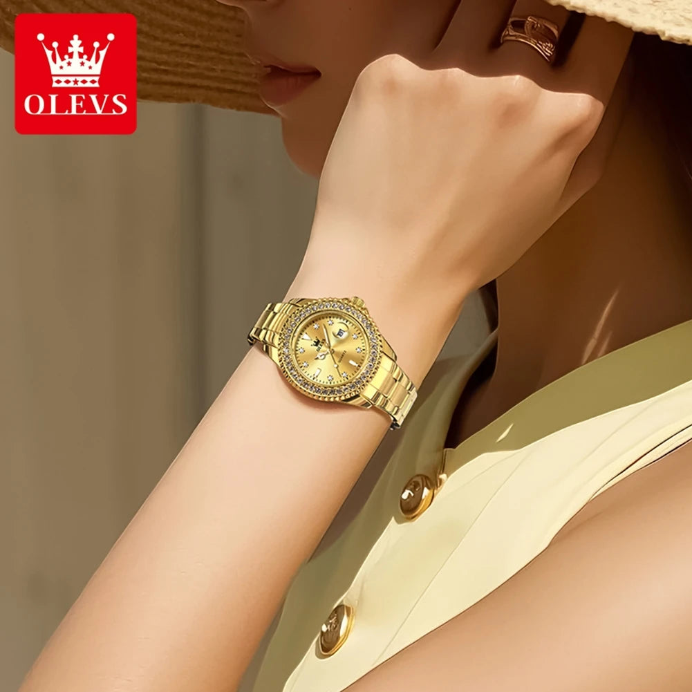 OLEVS 9945 Armbanduhr für Damen, klassisch, modisch, Datum, wasserdicht, Quarz, Damen-Kleideruhr, Luxus-Diamantskala, Originaluhren