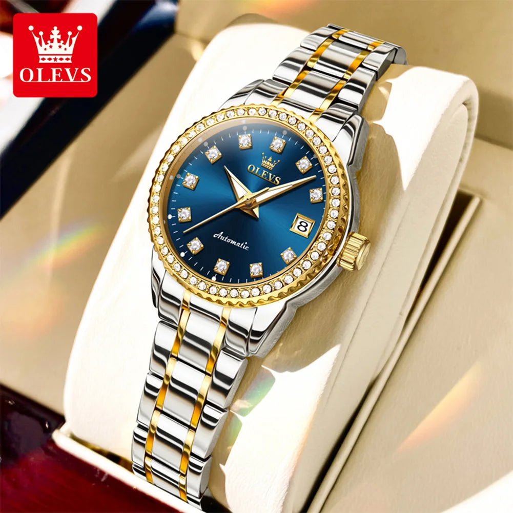 OLEVS 7003 Damen Automatikuhr Diamant-Skala Mechanische Uhr für Damen Stahlarmband Luxus Datum Damenuhr Wasserdicht