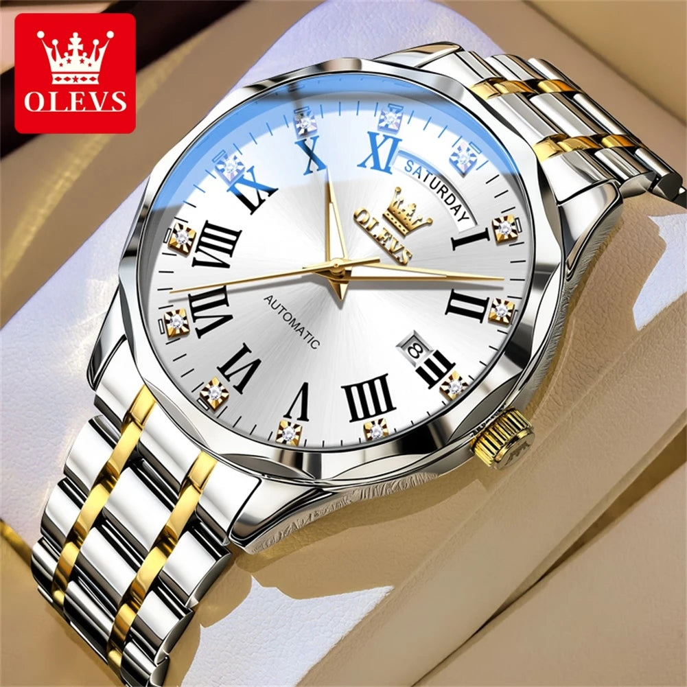 OLEVS 6780 Luxus Business Automatikuhr für Herren, römische Ziffern, Doppelkalender, wasserdicht, Edelstahl
