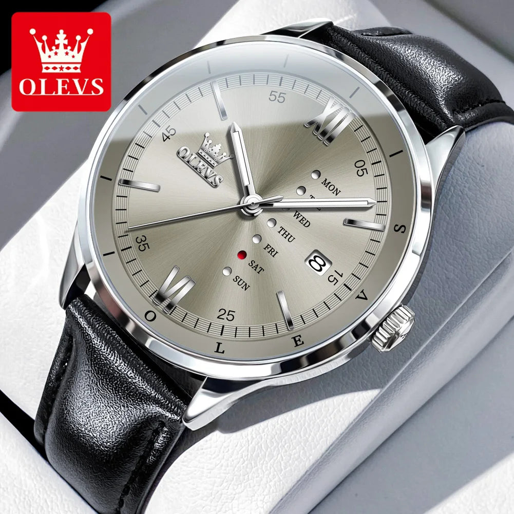 OLEVS Herrenuhren Schlichte Quarz-Kleid-Wochen-Datumsanzeige Für Herren Wasserdicht Leuchtendes Leder Business-Herrenuhr 2931