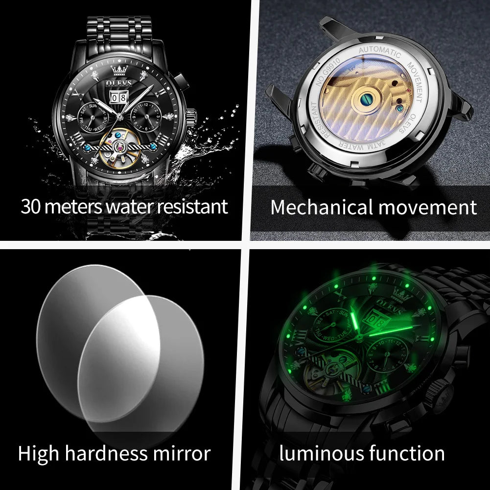 OLEVS 9910 Herrenuhr Luxus Business Mechanische Uhr für Herren Hohl Roman Skala Wasserdicht Leuchtender Kalender Herren-Armbanduhr