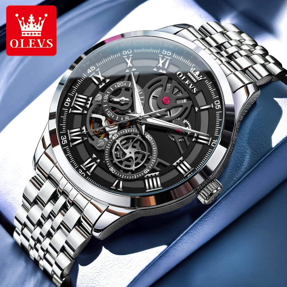 OLEVS 7076 Herren Automatikuhr Mode Hohl Mechanische Uhr Für Herren Wasserdicht Edelstahlarmband Römische Ziffern Skala Handuhr