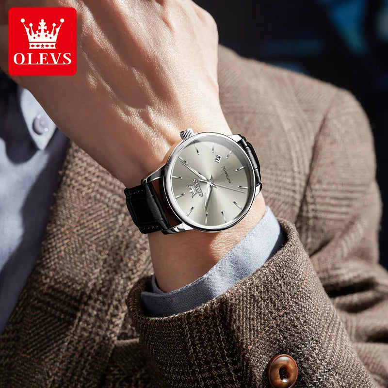 OLEVS 6725 Herren Automatikuhr Klassische Einfache Mechanische Uhr Für Männer Automatisches Datum Original Wasserdichtes Leder Herrenarmbanduhr