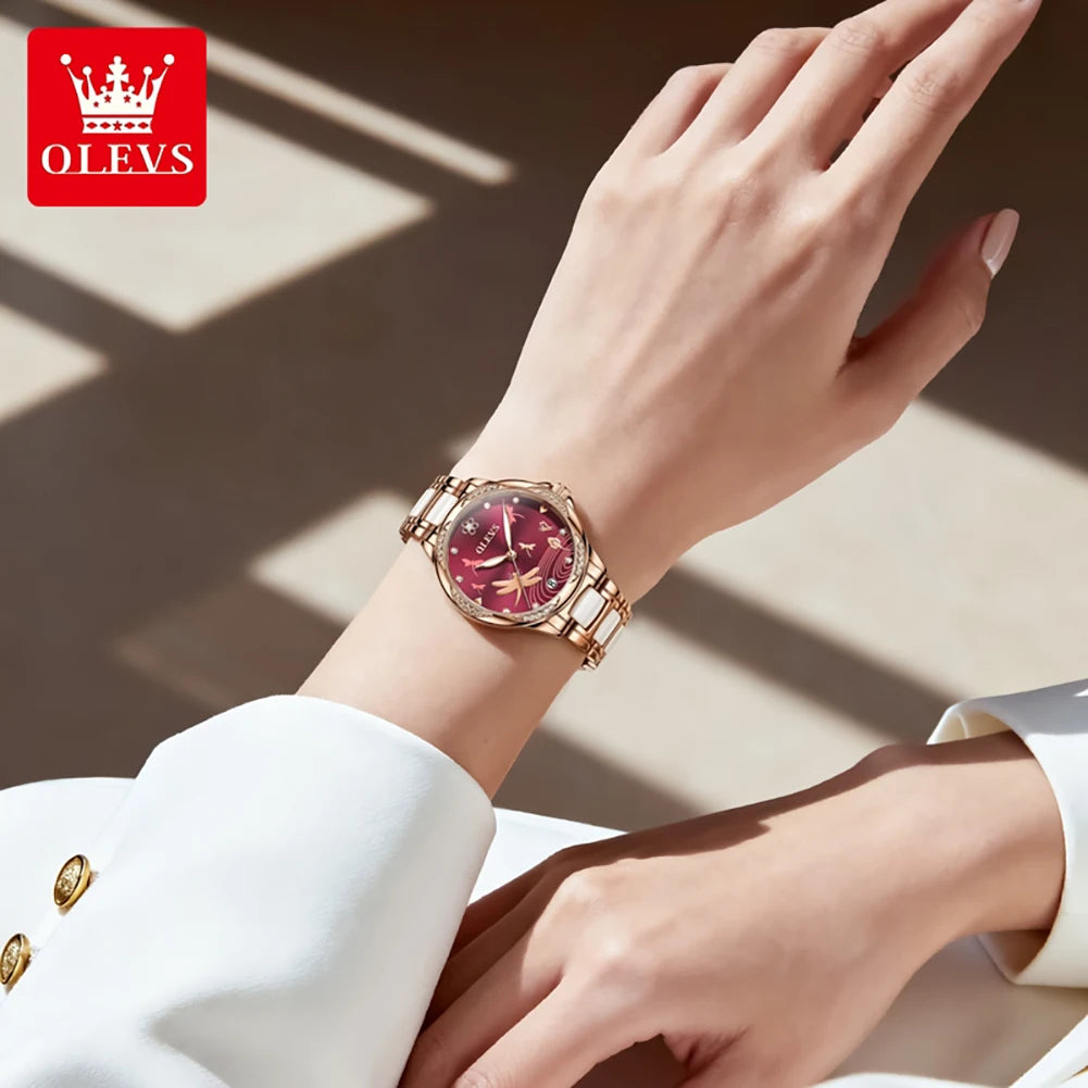 OLEVS Uhren Damen 6610 Automatische Mechanische Uhr Diamantskala Original Uhren für Frauen Kalender Luxus Kleideruhr