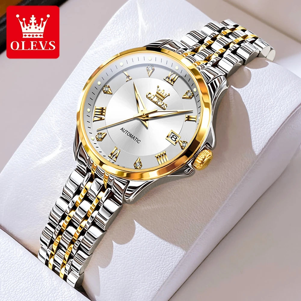 OLEVS 6702 Damenuhr Stahlarmband Automatische Datumsanzeige Mechanische Uhr für Damen Römische Skala Luxus Leuchtend Wasserdicht Damenuhr