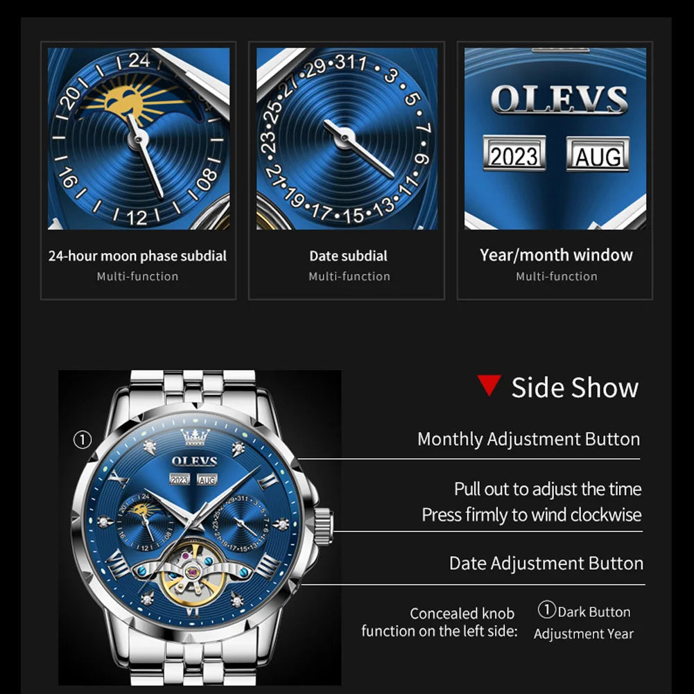 OLEVS 6691 Herrenuhren Luxus Römische Skala Mechanische Uhr für Herren Moonswatch Hohl Schwungrad Kalender Wasserdichte Armbanduhr