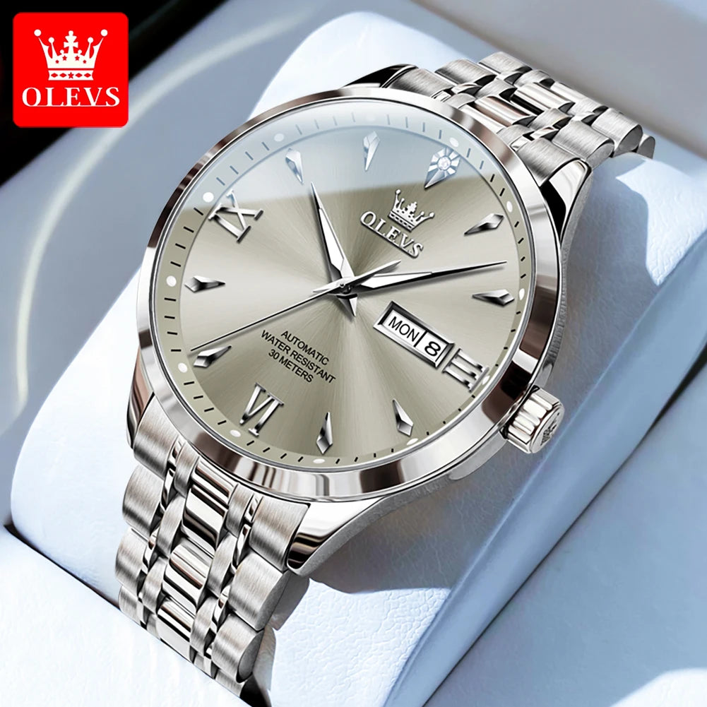 OLEVS Uhr für Herren Mechanische Uhr Großes Zifferblatt Wasserdichte Herren Luxus Original Wochenkalender Geschäftsmann Handuhr 9956 Reloj