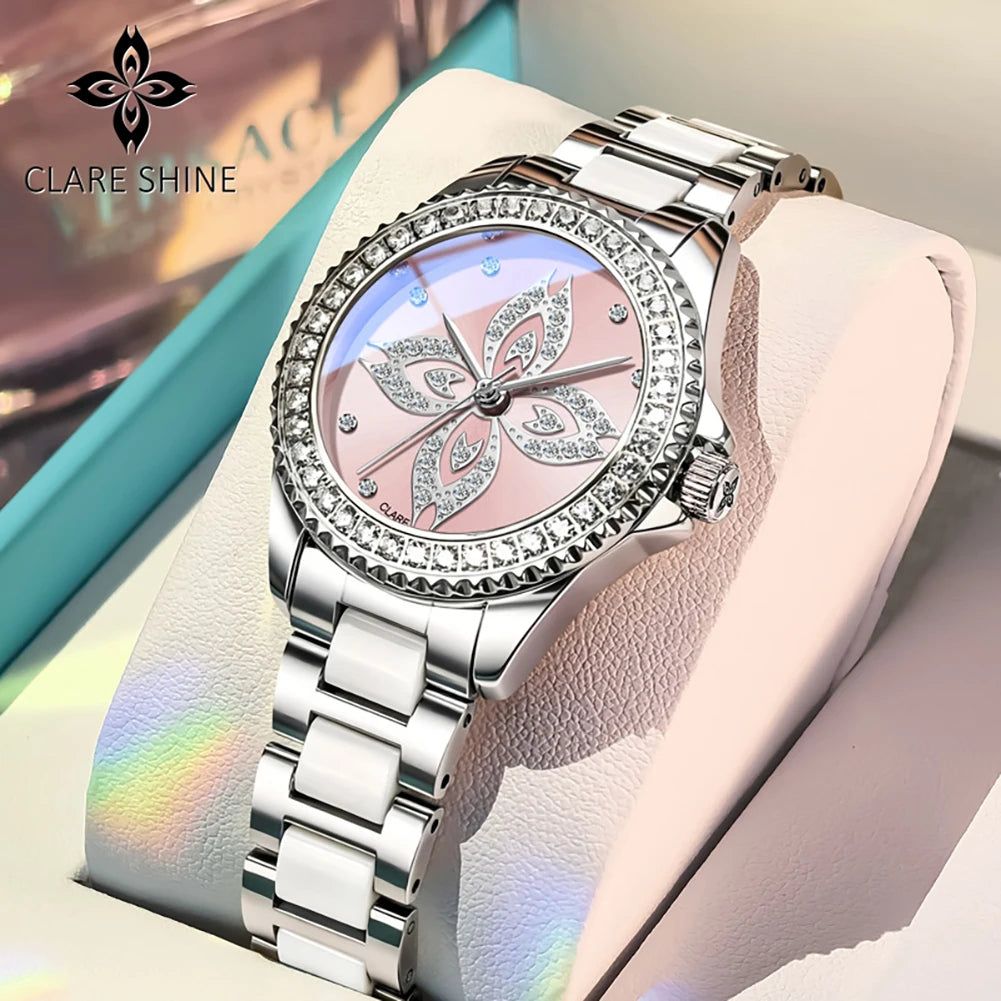 CLARE SHINE 1806 Kadın Saatleri Moda Zarif Seramik Kuvars Kol Saati Su Geçirmez Işıklı Lüks Bayan El Saati Markası