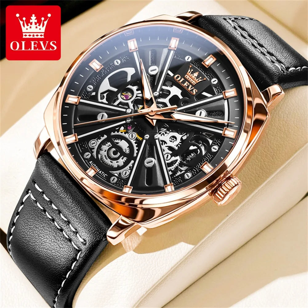 OLEVS 6685 Automatikuhr für Herren, original hohle Skelett-Mechanikuhr, Top-Marke, wasserdicht, Leder, Herren-Armbanduhr