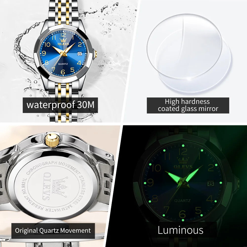 OLEVS 9970 Paar-Armbanduhr für Herren und Damen, luxuriöses Zifferblatt, Rhombus-Spiegel, Quarz-Handuhr, Edelstahl, originale Kleideruhren