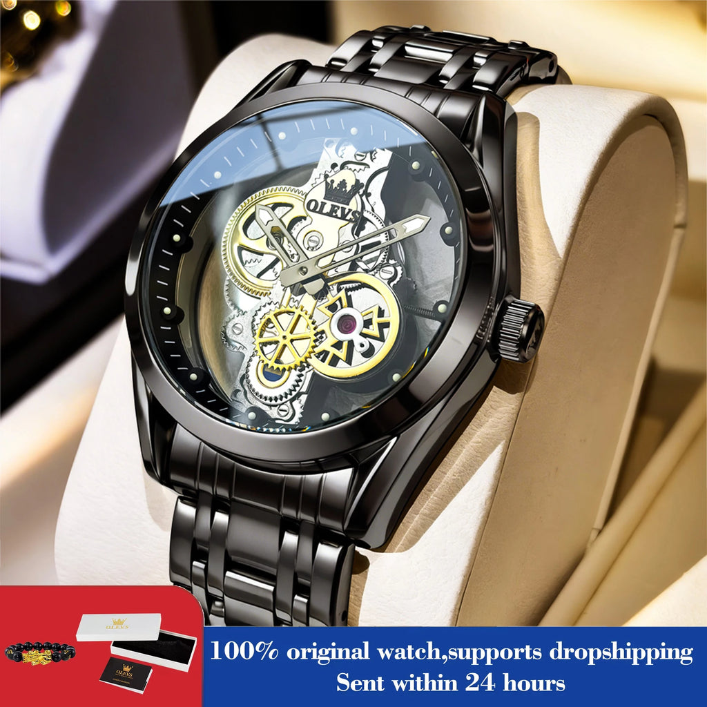 OLEVS 3725 Luxus Herrenuhren 40mm großes Zifferblatt Mode Business Skelett Quarz Uhr für Herren Wasserdicht Leuchtende Herrenuhr