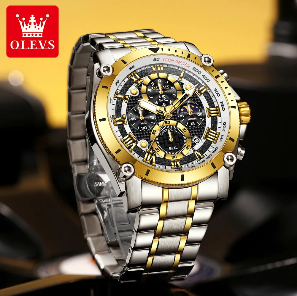 OLEVS 3689 Quartz Men Watch Fashion Original 47mm Big Dial Roman Scale Moon Phase Watch For Men Calendar Waterproof Hand Clock