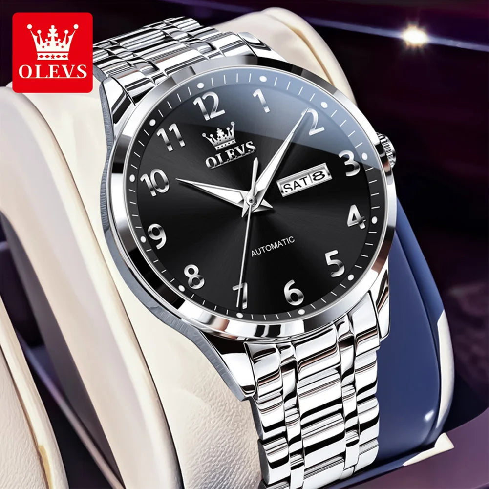 OLEVS 7078 Herren Automatikuhr Top-Marke Doppelte Kalender Mechanische Uhr Für Männer Ziffernblatt Business Armbanduhr Stahlarmband