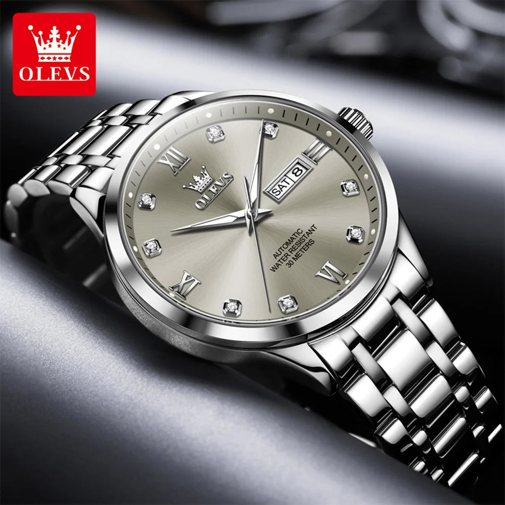 OLEVS Uhren Luxus Herren Business Diamantskala Automatik Mechanische Uhr Doppelkalender Wasserdicht Herren Armbanduhr 9946