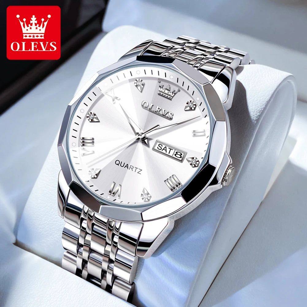 OLEVS 9931 Quarzuhr für Herren, Rauten-Spiegel, wasserdicht, leuchtend, Edelstahl-Armbanduhren, Doppelkalender, Herren-Armbanduhr