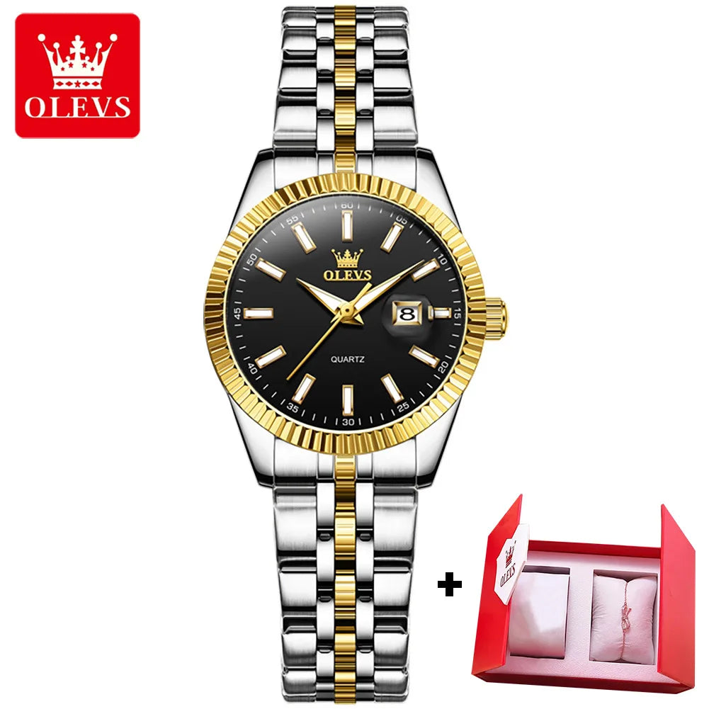 OLEVS 5593 Quarz Damenuhr Top Marke Original Uhr für Frauen Wasserdicht Leuchtend Luxus Kalender Edelstahl Zeigeruhr