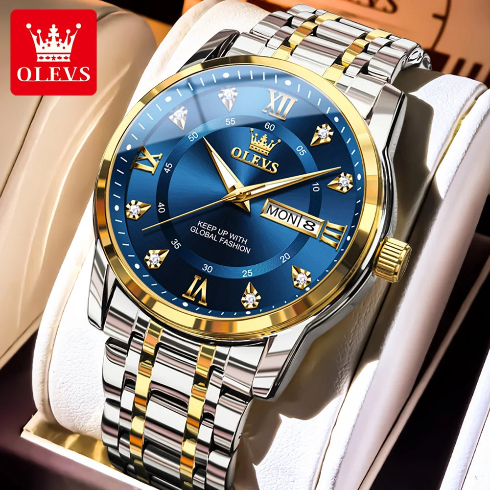 OLEVS 5513 Armbanduhr Herren Dual-Kalender Mode Quarzuhr Für Männer Diamant-Skala Edelstahl Luxus Herren Armbanduhr Wasserdicht