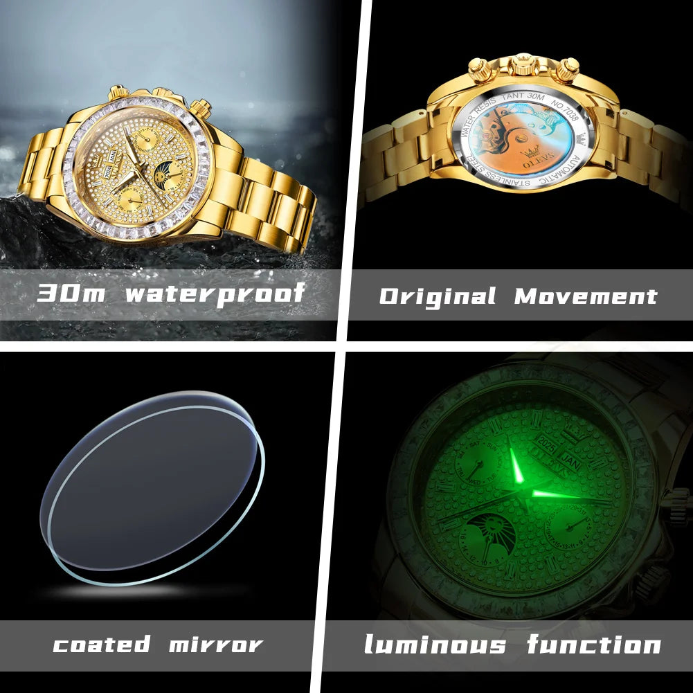 OLEVS 7038 Luxuriöse Diamant-Automatik-Herrenuhr mit Mondphase, Datumsanzeige, 30 m wasserdicht, Edelstahl-Herrenarmbanduhr