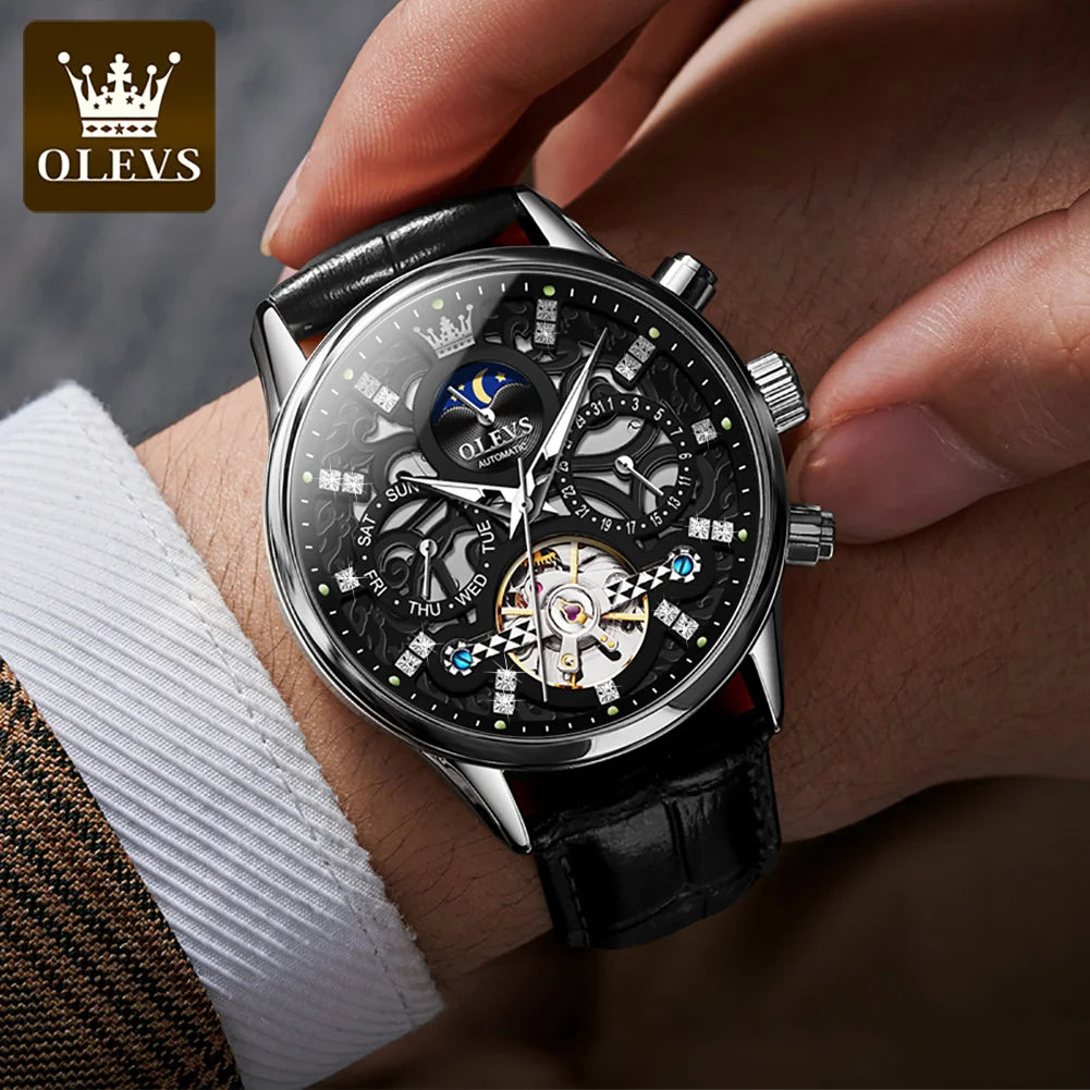 OLEVS 6658 Luxus Skelett-Schwungrad Automatische Mechanische Uhr Moonswatch Wasserdichte Armbanduhr Für Herren Geschenkbox Handuhr