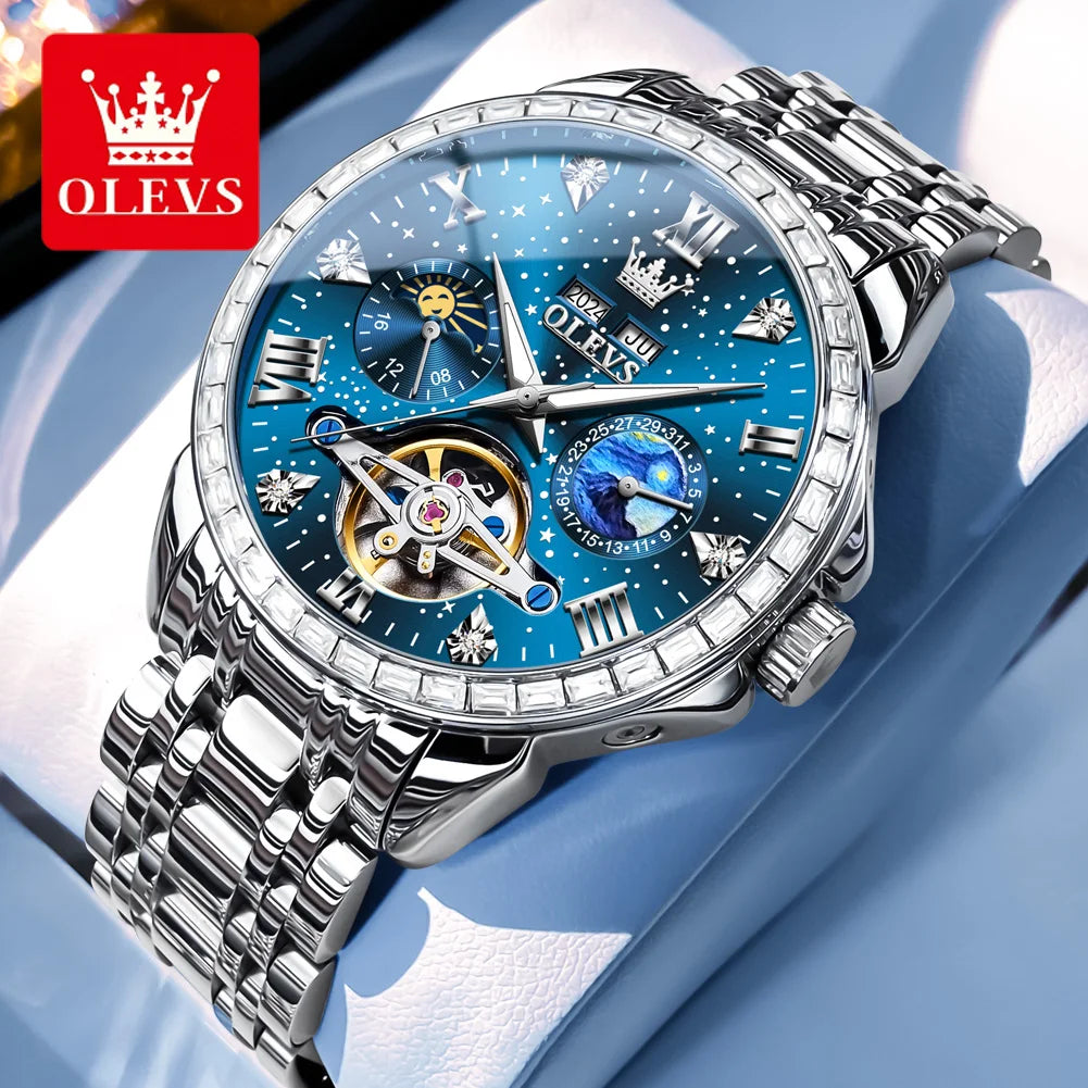 OLEVS Luxus Diamant Skelett Tourbillon Automatik Mechanische Uhr Herren Sternenhimmel Zifferblatt Mondphase Edelstahl Herrenuhr