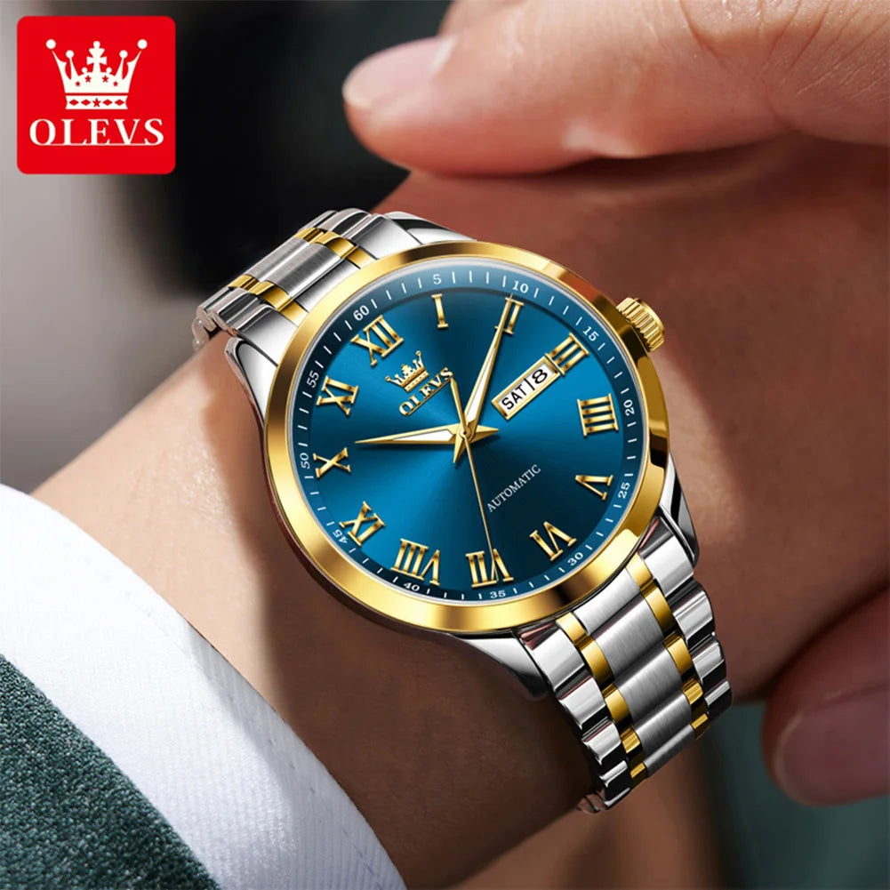 OLEVS 7075 Uhren für Herren Luxus Original Mechanische Uhr für Herren Wochenkalender Wasserdicht Automatische Armbanduhr Edelstahlarmband