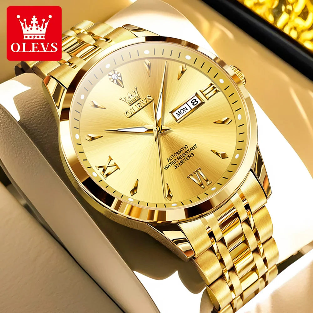 OLEVS 9956 Herrenuhr Stahlarmband Luxus Automatikuhr für Herren Original Mode Wasserdicht Mechanische Uhr Doppelkalender