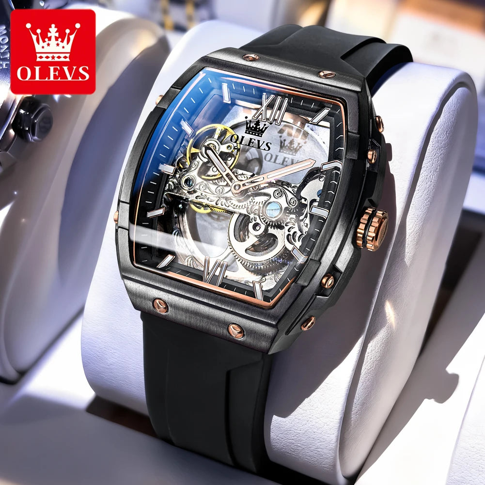 OLEVS 6779 Herrenuhr Skelett Luxus Tonneau Mechanische Uhren für Männer Wasserdichtes Silikonarmband Automatische Handaufzugsuhr Geschenkbox