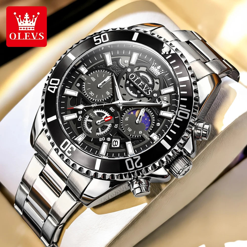 OLEVS 2990 Neue Taucheruhr Quarz Herrenuhr Chronograph Mondphase Wasserdicht Leuchtende Edelstahlarmband Sportuhren für Herren