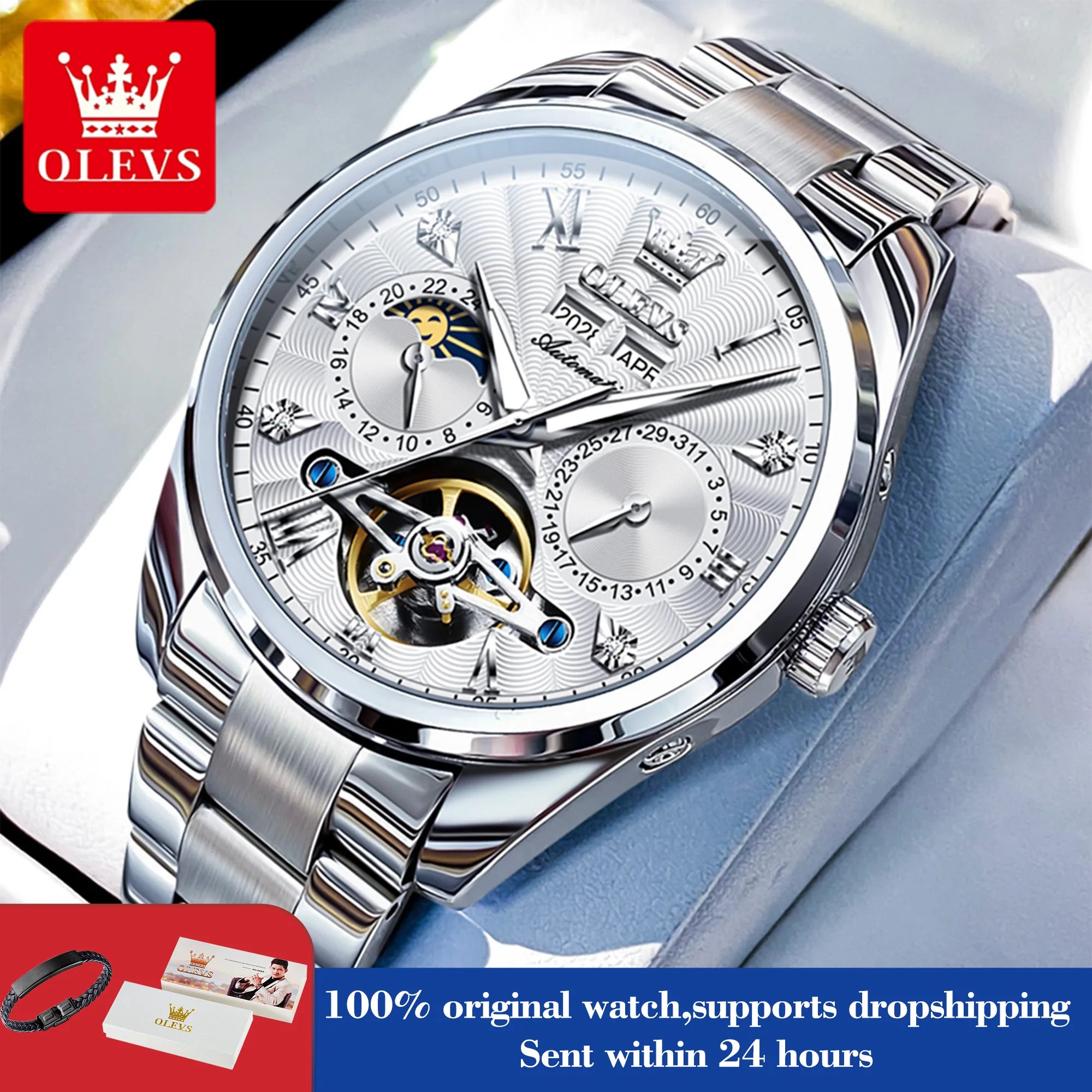 OLEVS 7028 Herren Automatikuhr Hohl Skelett Mechanische Uhr für Herren Wasserdicht Moonswatch Automatisches Datum Römische Skala Handuhr