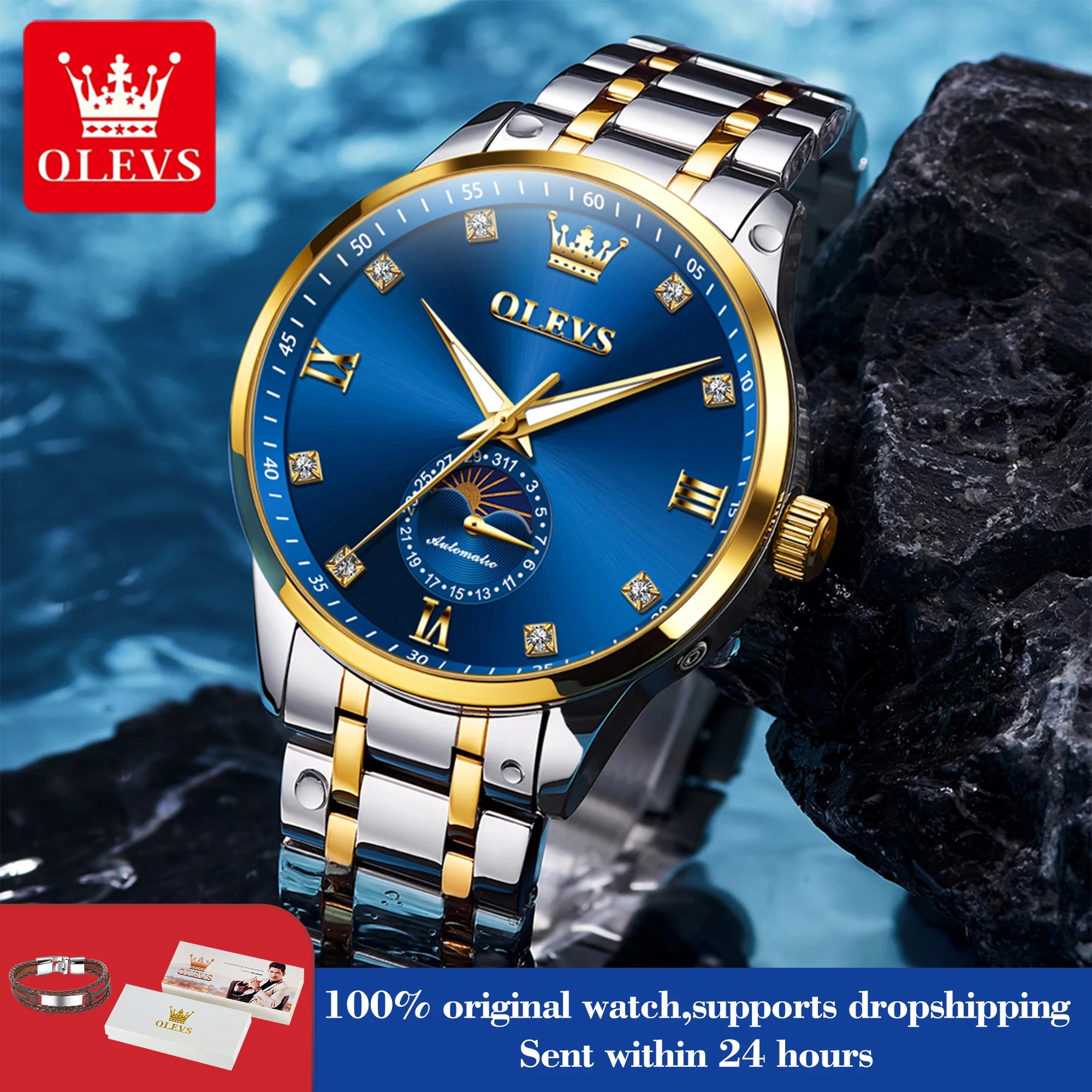 OLEVS 7041 Automatikuhr Herren Mondphase Mechanische Uhr für Herren Luxus Datum Wasserdicht Business Herrenuhr Diamantskala
