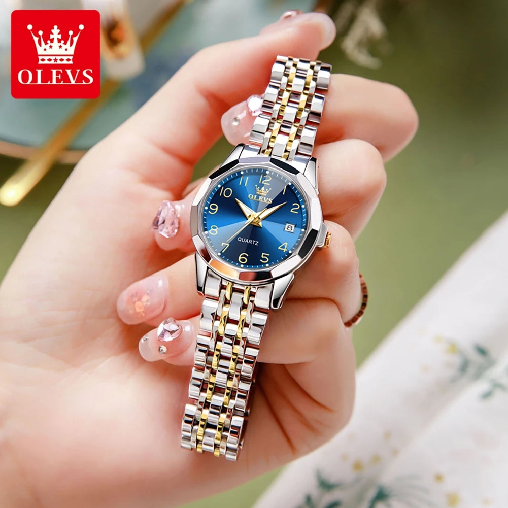 OLEVS 9970 Paar-Armbanduhr für Herren und Damen, luxuriöses Zifferblatt, Rhombus-Spiegel, Quarz-Handuhr, Edelstahl, originale Kleideruhren