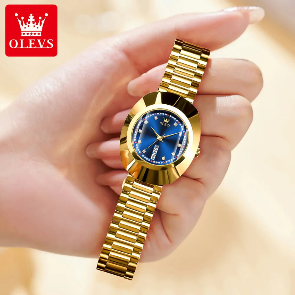 OLEVS 7017 Damenuhr Diamant Luxus Großes Zifferblatt Doppelkalender Quarz-Armbanduhren Top-Marke Wasserdichte Handuhr