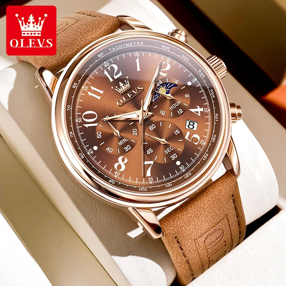 OLEVS 2912 Sport Chronograph Quarz-Uhr für Herren Mondphase Ziffer 43mm Großes Zifferblatt Herrenuhren Wasserdicht Original Armbanduhr