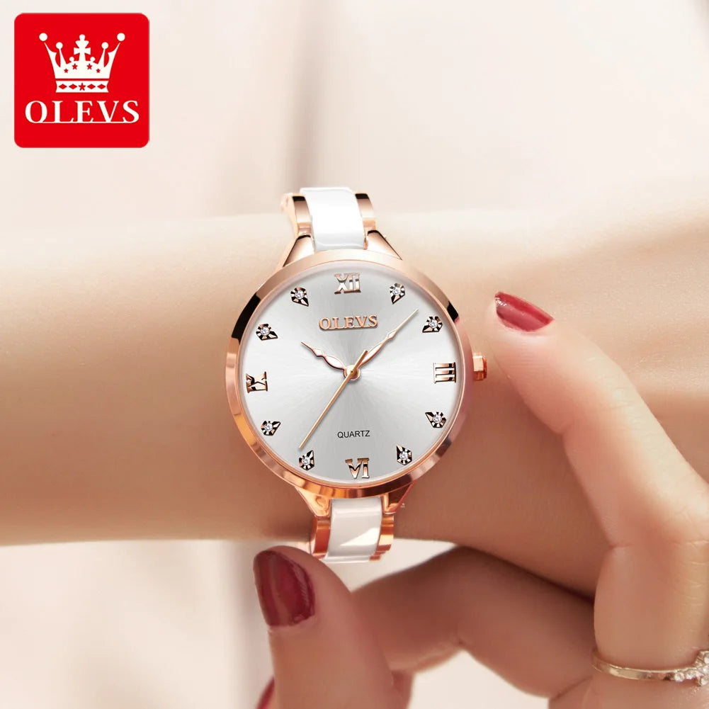 OLEVS 5872 Damenarmbanduhr Mode Elegante Quarzuhr für Frauen Keramik-Edelstahlarmband Wasserdichte Damenuhr Reloj