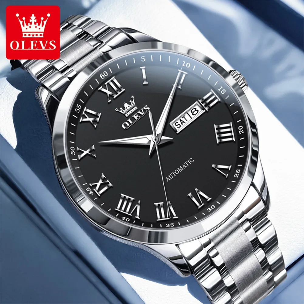 OLEVS 7075 Uhren für Herren Luxus Original Mechanische Uhr für Herren Wochenkalender Wasserdicht Automatische Armbanduhr Edelstahlarmband
