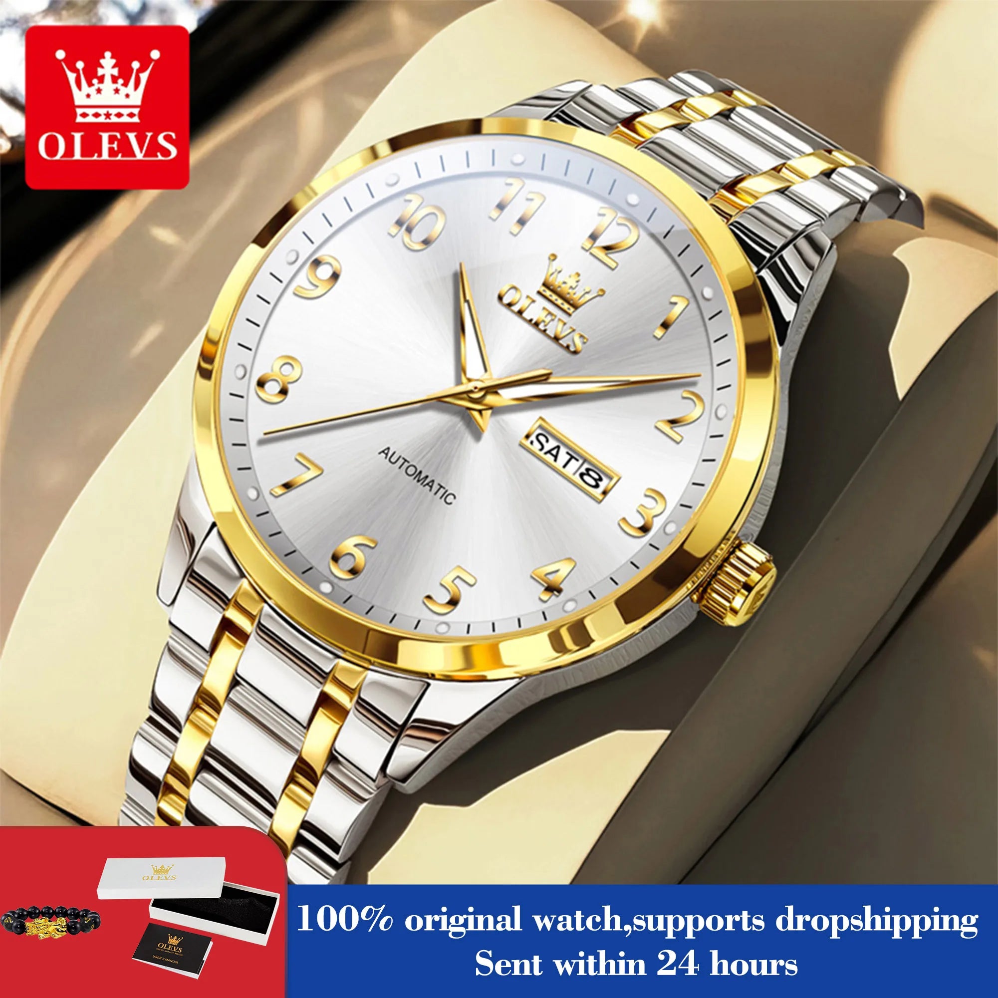 OLEVS 7078 Herren Automatikuhr Top-Marke Doppelte Kalender Mechanische Uhr Für Männer Ziffernblatt Business Armbanduhr Stahlarmband