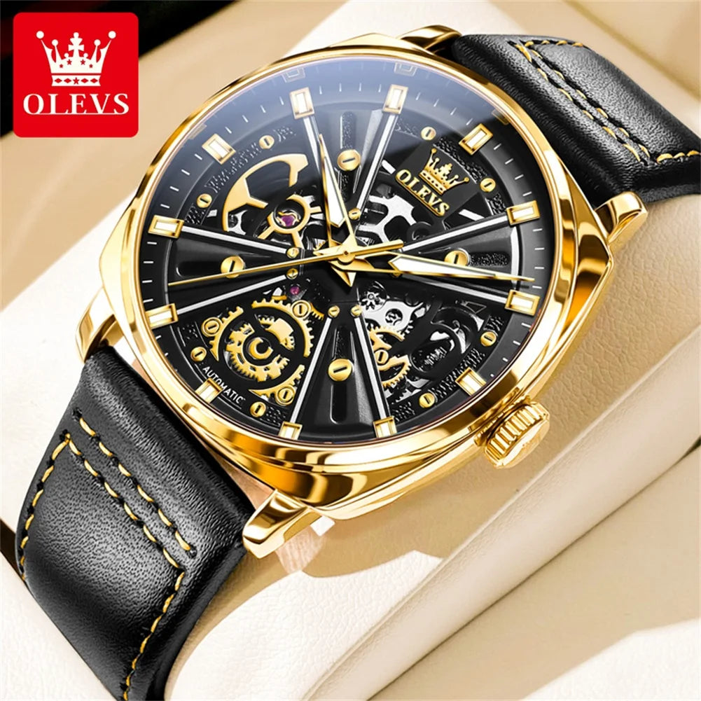 OLEVS 6685 Automatikuhr für Herren, original hohle Skelett-Mechanikuhr, Top-Marke, wasserdicht, Leder, Herren-Armbanduhr