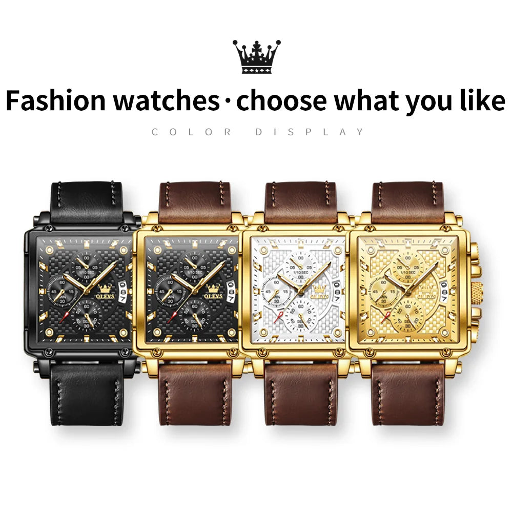 OLEVS Uhr Lässige Mode Quadratische Quarzuhr für Herren Wasserdichte Leuchtende Lederarmband Datumsanzeige Herrenuhr Topseller 9925