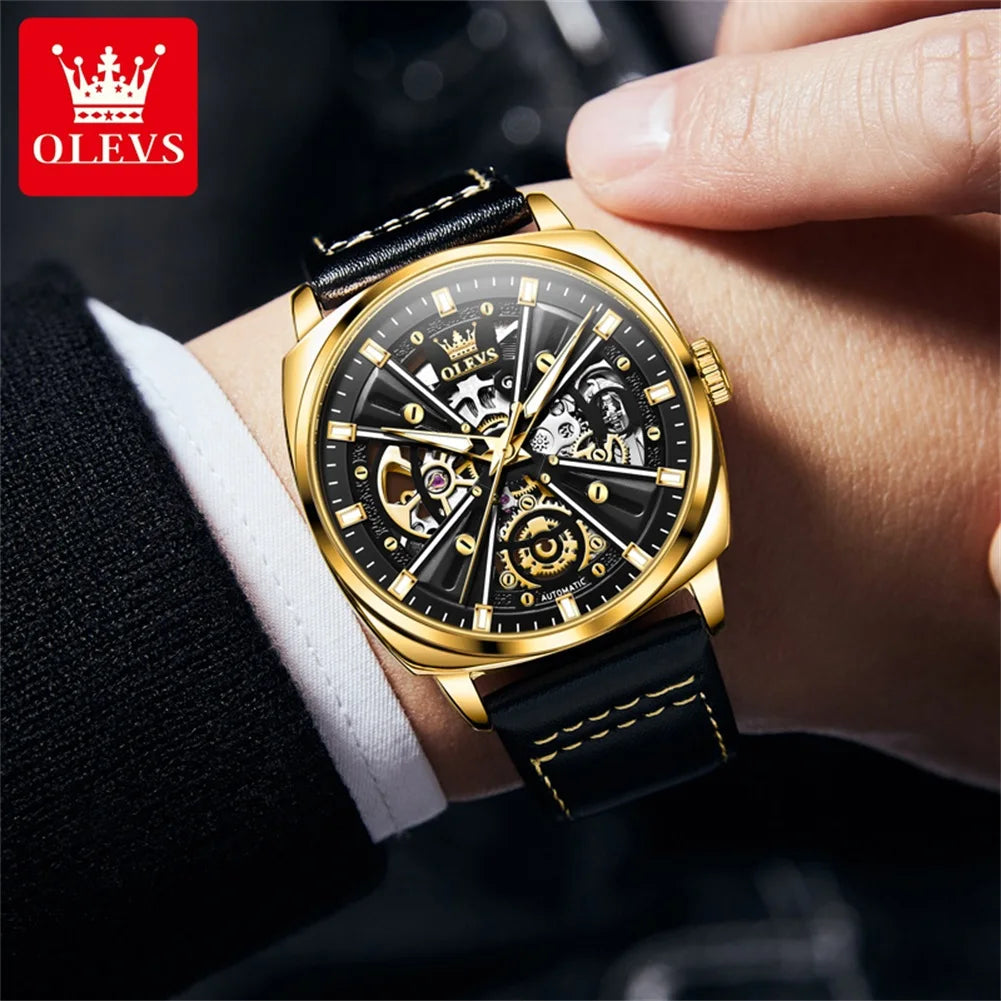 OLEVS 6685 Automatic Watch For Men Original Hollow Skeleton Mechanical Man Watches Top Brand Waterproof Leather Male Hand Clock