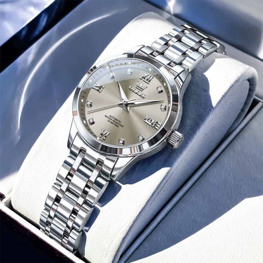 OLEVS Uhren Damen Automatikuhr Mechanische Uhr Mode Original Diamant Skala Damenuhr Kalender Luxus Kleid Handuhr 9946