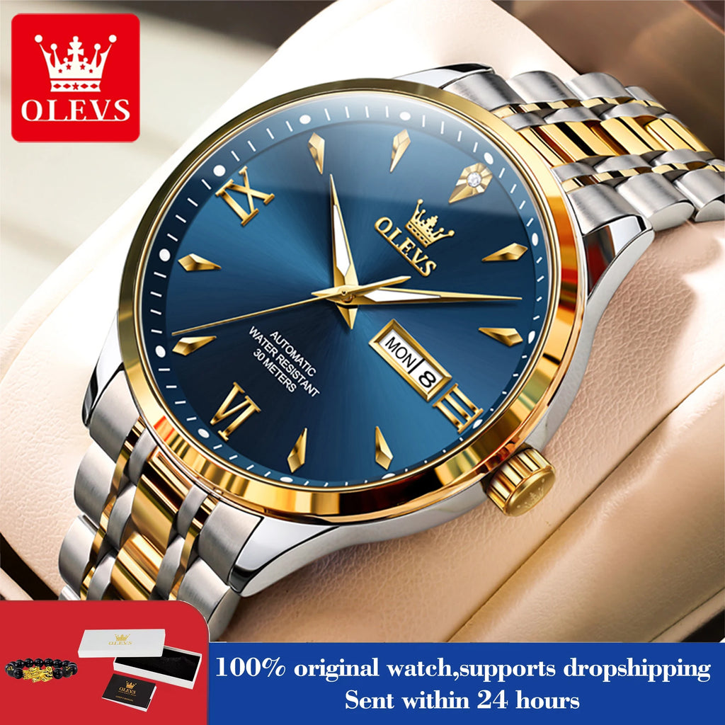 OLEVS Uhr für Herren Mechanische Uhr Großes Zifferblatt Wasserdichte Herren Luxus Original Wochenkalender Geschäftsmann Handuhr 9956 Reloj